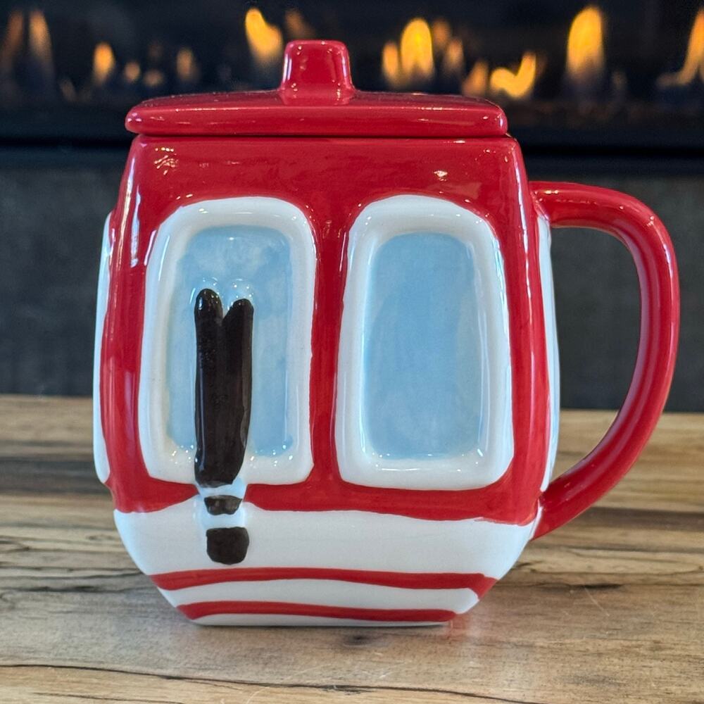 Bullseye Playground Red Cable Car Lidded Mug Christmas Ski Gondola Ceramic SKi